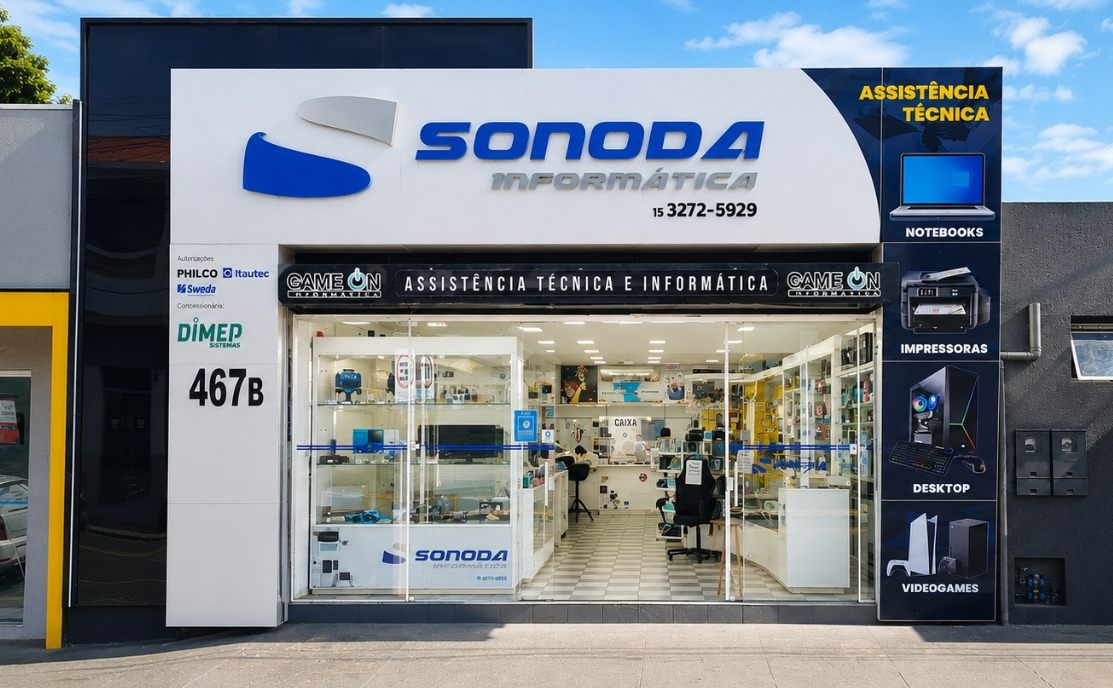 Fachada da loja da Sonoda Informática na Rua Virgílio de Rezende, 467B, Centro de Itapetininga